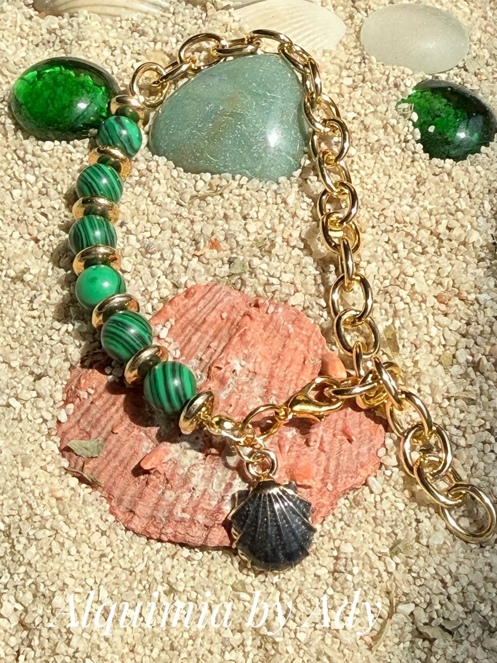 Malachite Green Bead & Gold Shell Charm Bracelet